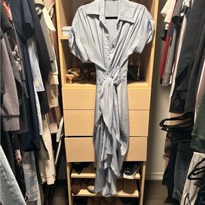 Elagent Blue Tie Front Button-Down Dress